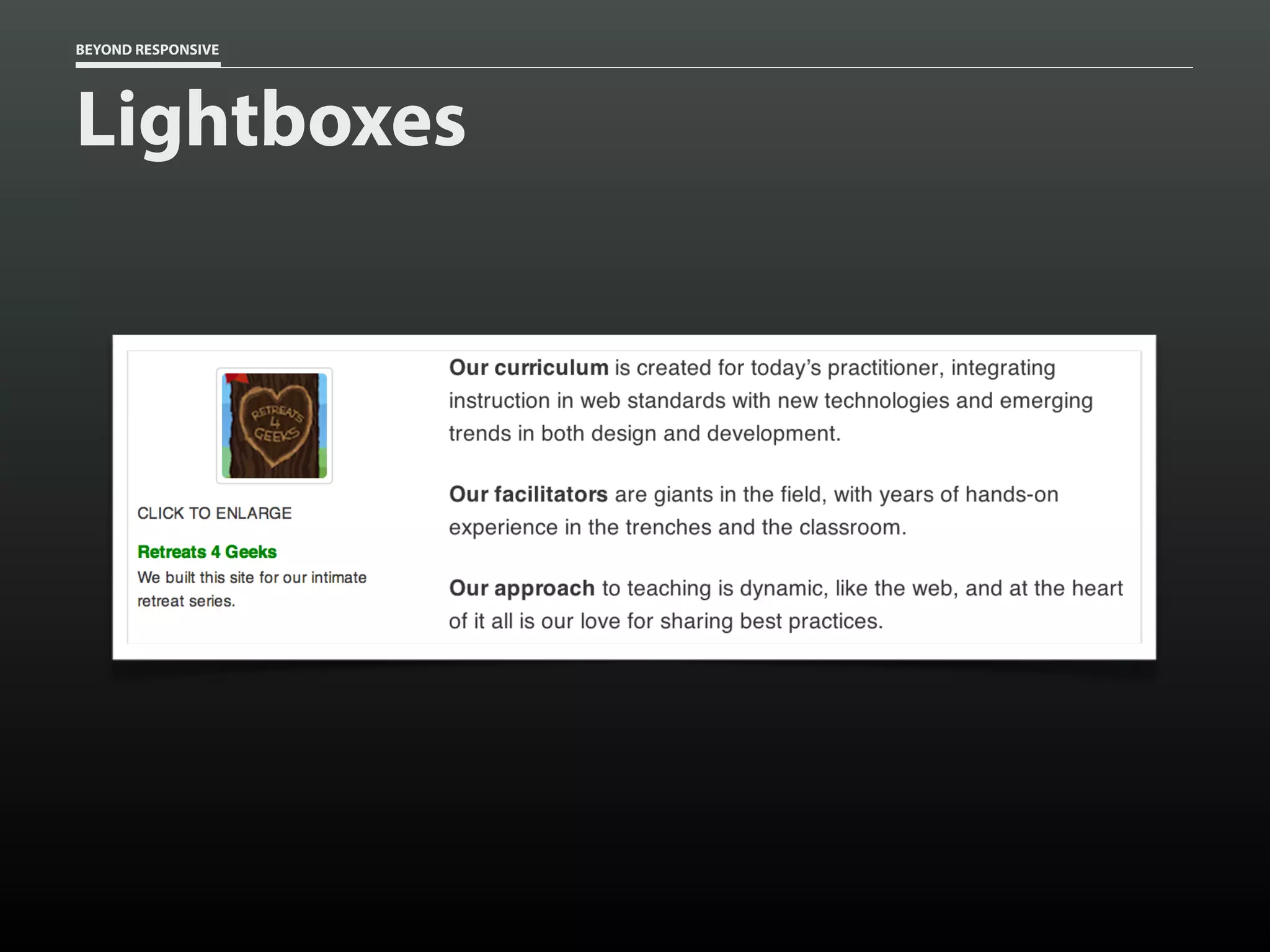 BEYOND RESPONSIVE
Lightboxes
 