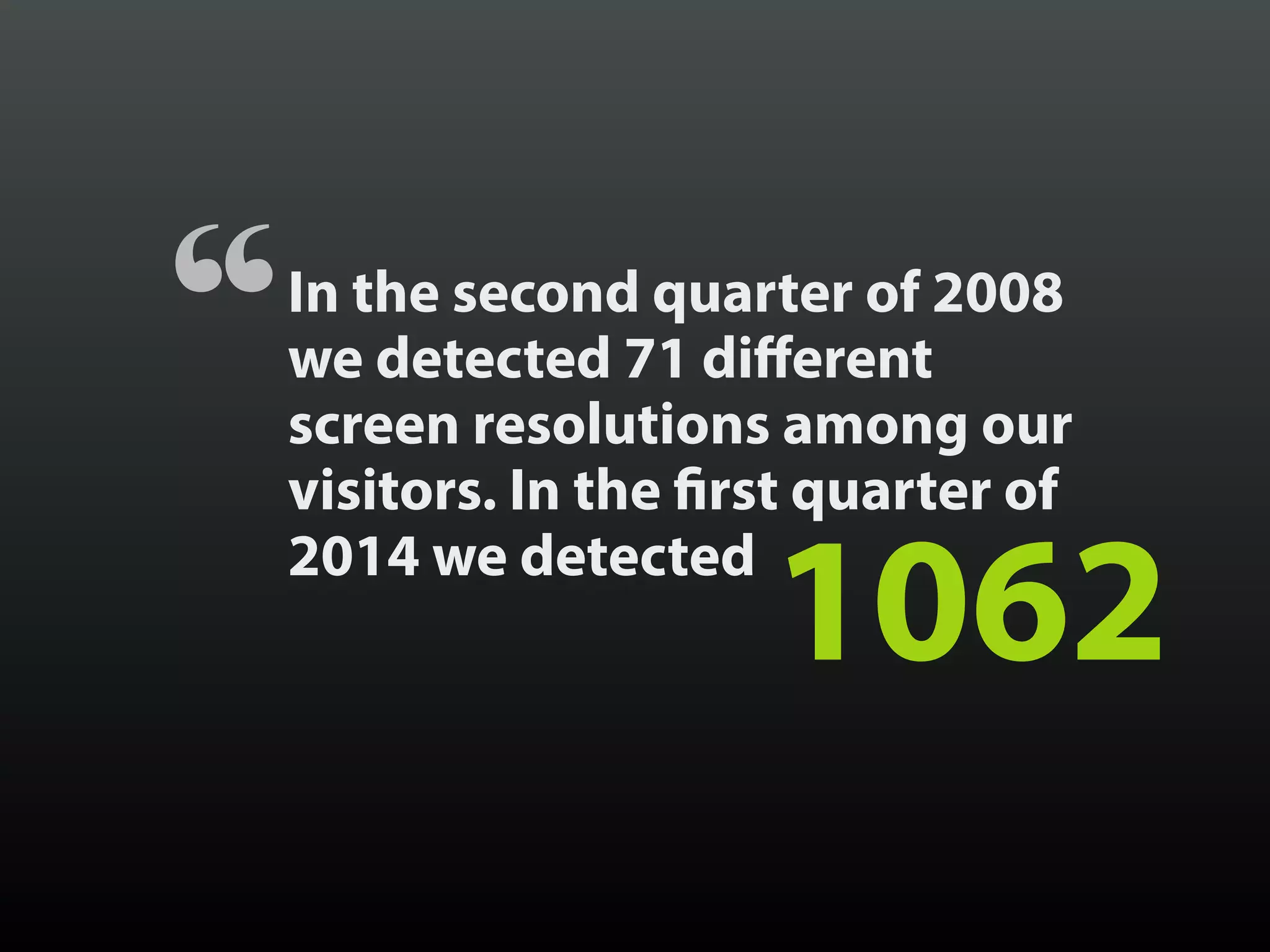 In the second quarter of 2008
we detected 71 different
screen resolutions among our
visitors. In the first quarter of
2014 we detected
“ 1062
 