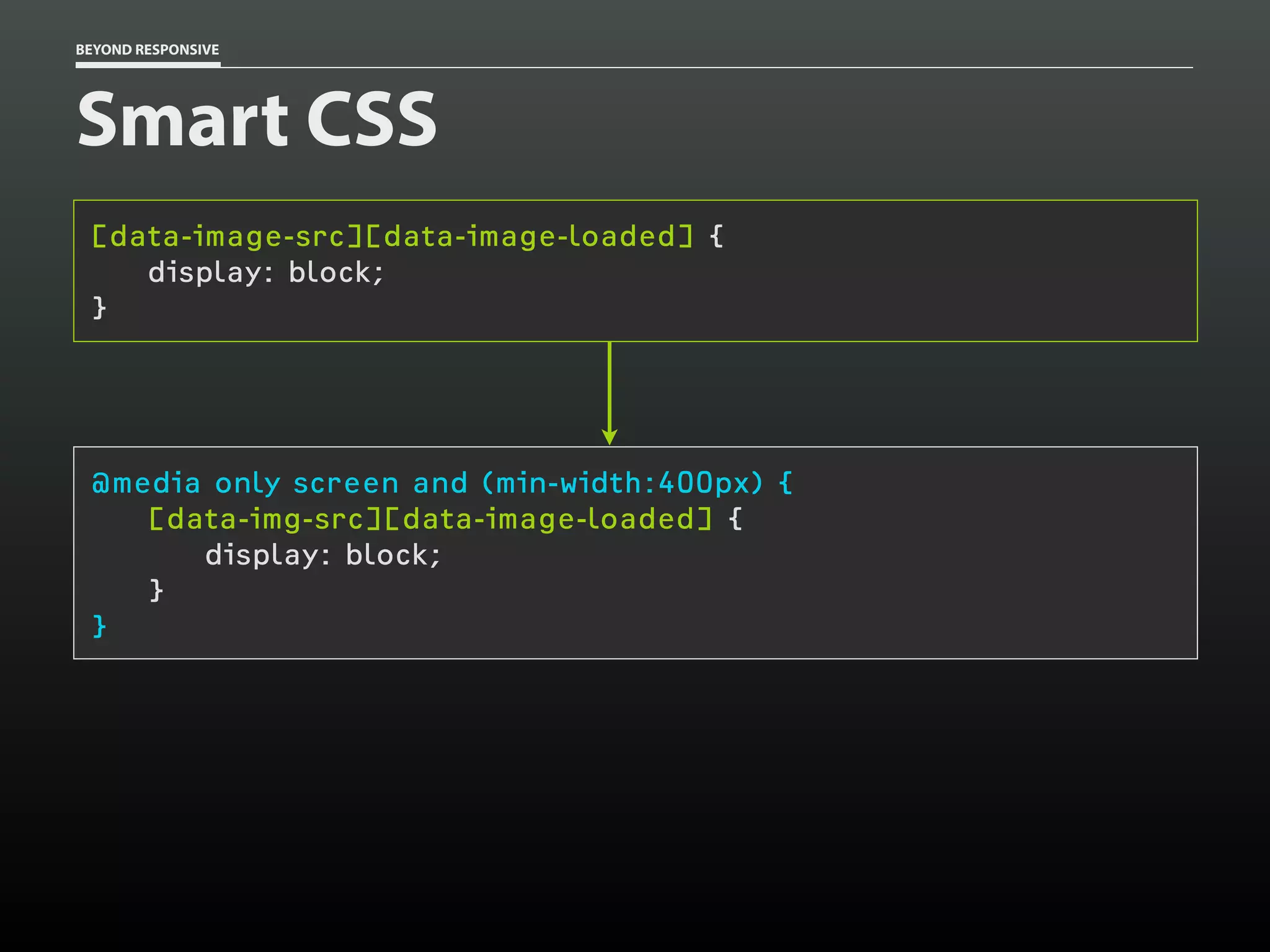 BEYOND RESPONSIVE
Smart CSS
[data-image-src][data-image-loaded] {
display: block;
}
@media only screen and (min-width:400px) {
[data-img-src][data-image-loaded] {
display: block;
}
}
 