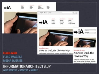 FLUID GRID
FLUID IMAGES?
MEDIA QUERIES
INFORMATIONARCHITECTS.JP
WIDE DESKTOP > DESKTOP > MOBILE
 