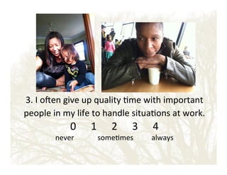 3.!I!o_en!give!up!quality!&me!with!important!
people!in!my!life!to!handle!situa&ons!at!work.!!

0 ! !1 ! !2 ! !3 ! !4!

never!!!!!!!!!!!!!some&mes!!!!!!!!!!always!

 