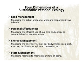 Four'Dimensions'of'a''
Sustainable'Personal'Ecology!
!

! Load'Management''
!

!

!Managing!the!actual!amount!of!work!and!responsibility!we!
take!on.!

! Personal'Eﬀec?veness'
!

!Managing!the!eﬃcient!use!of!our!&me!and!energy!to!
accomplish!what!we!most!value.!

! Energy'Management'
!

!Managing!the!energy!system!of!our!body/mind:!sleep,!diet,!
exercise,!rela&onships,!spiritual!connec&on,!etc.!

! State'Management'
!Managing!moment!to!moment!our!state!of!being.!
!

 