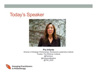 Today’s Speaker

Pia Infante
Director of Strategic Partnerships, Rockwood Leadership Institute
Trustee, The Whitman Institute
@PiaVision
@rockwoodleaders
@TWI_2022

 