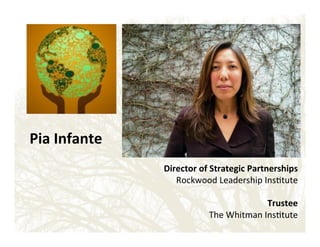 Pia'Infante'
Director'of'Strategic'Partnerships!
Rockwood!Leadership!Ins&tute!
!
Trustee!
The!Whitman!Ins&tute!

!
!

 
