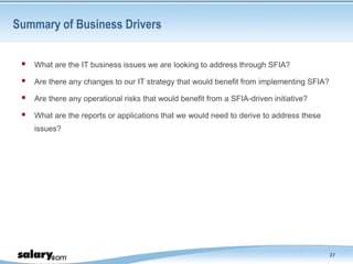 Summary of Business Drivers


    What are the IT business issues we are looking to address through SFIA?

    Are there any changes to our IT strategy that would benefit from implementing SFIA?

    Are there any operational risks that would benefit from a SFIA-driven initiative?

    What are the reports or applications that we would need to derive to address these
     issues?




                                                                                           27
 