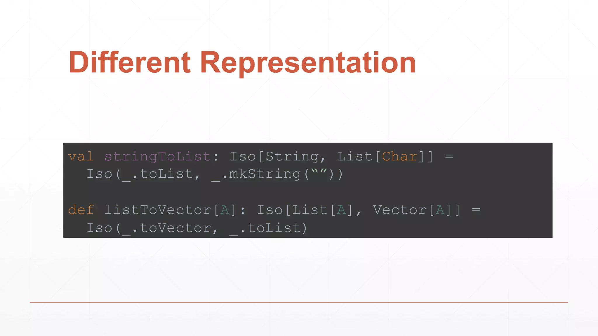 Different Representation
val stringToList: Iso[String, List[Char]] =
Iso(_.toList, _.mkString(“”))
def listToVector[A]: Iso[List[A], Vector[A]] =
Iso(_.toVector, _.toList)
 