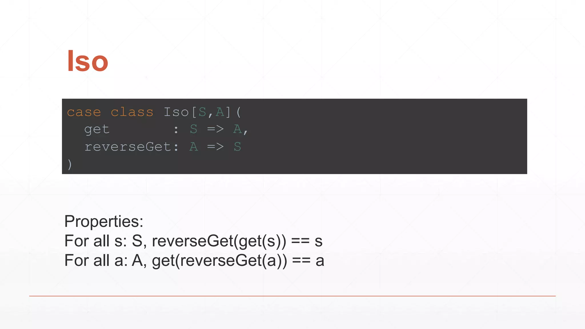 Iso
case class Iso[S,A](
get : S => A,
reverseGet: A => S
)
Properties:
For all s: S, reverseGet(get(s)) == s
For all a: A, get(reverseGet(a)) == a
 