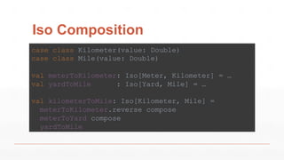 Iso Composition
case class Kilometer(value: Double)
case class Mile(value: Double)
val meterToKilometer: Iso[Meter, Kilometer] = …
val yardToMile : Iso[Yard, Mile] = …
val kilometerToMile: Iso[Kilometer, Mile] =
meterToKilometer.reverse compose
meterToYard compose
yardToMile
 