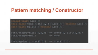 Pattern matching / Constructor
sealed trait List[A]
case class Cons[A](h: A, t: List[A]) extends List[A]
case class Nil[A]() extends List[A]
Cons.unapply(List(1,2,3)) == Some((1, List(2,3)))
Cons.unapply(Nil) == None
Cons.apply(1, List(2,3)) == List(1,2,3)
 
