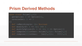 Prism Derived Methods
case class Prism[S,A](
getOption: S => Option[A],
reverseGet: A => S
){
def isMatching(s: S): Boolean
def modify(f: A => A): S=> S
def modifyOption(f: A => A): S => Option[S]
def compose[B](other: Prism[A,B]): Prism[S,B]
def compose[B](other: Iso[A,B]): ???[S,B]
}
 
