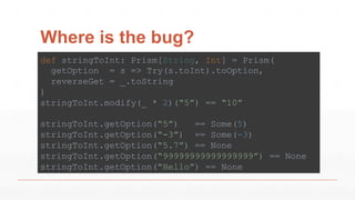 Where is the bug?
def stringToInt: Prism[String, Int] = Prism(
getOption = s => Try(s.toInt).toOption,
reverseGet = _.toString
)
stringToInt.modify(_ * 2)(“5”) == “10”
stringToInt.getOption(“5”) == Some(5)
stringToInt.getOption(“-3”) == Some(-3)
stringToInt.getOption(“5.7”) == None
stringToInt.getOption(“99999999999999999”) == None
stringToInt.getOption(“Hello”) == None
 