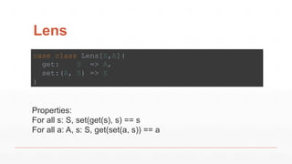 Lens
case class Lens[S,A](
get: S => A,
set:(A, S) => S
)
Properties:
For all s: S, set(get(s), s) == s
For all a: A, s: S, get(set(a, s)) == a
 
