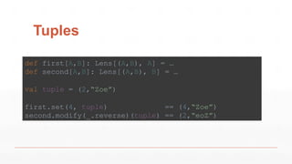 Tuples
def first[A,B]: Lens[(A,B), A] = …
def second[A,B]: Lens[(A,B), B] = …
val tuple = (2,“Zoe”)
first.set(4, tuple) == (4,“Zoe”)
second.modify(_.reverse)(tuple) == (2,“eoZ”)
 