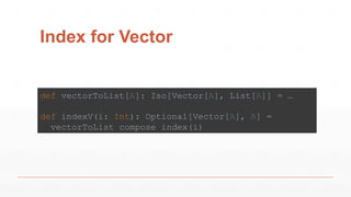 Index for Vector
def vectorToList[A]: Iso[Vector[A], List[A]] = …
def indexV(i: Int): Optional[Vector[A], A] =
vectorToList compose index(i)
 
