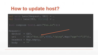 How to update host?
val uri: Lens[Request, URI] = …
val host: Lens[URI, String] = …
(uri compose host).set(“foo.io”)(r)
Request(
method = GET,
uri = URI(“foo.io”,8080,“/ping”,Map(“age”->“15”)),
headers = Map.empty,
body = “”
)
 