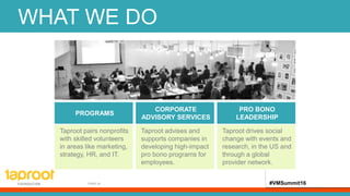 #VMSummit16
WHAT WE DO
PAGE 24
PROGRAMS
CORPORATE
ADVISORY SERVICES
PRO BONO
LEADERSHIP
Taproot pairs nonprofits
with skilled volunteers
in areas like marketing,
strategy, HR, and IT.
Taproot advises and
supports companies in
developing high-impact
pro bono programs for
employees.
Taproot drives social
change with events and
research, in the US and
through a global
provider network.
#VMSummit16
 