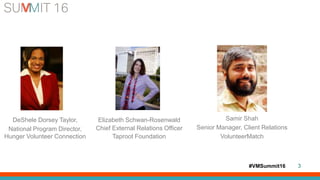 #VMSummit16
DeShele Dorsey Taylor,
National Program Director,
Hunger Volunteer Connection
3
Elizabeth Schwan-Rosenwald
Chief External Relations Officer
Taproot Foundation
Samir Shah
Senior Manager, Client Relations
VolunteerMatch
 
