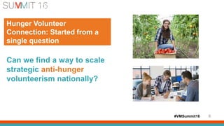 #VMSummit16
Hunger Volunteer Connection: Vision and Goal
Can we find a way to scale
strategic anti-hunger
volunteerism nationally?
8
Hunger Volunteer
Connection: Started from a
single question
 