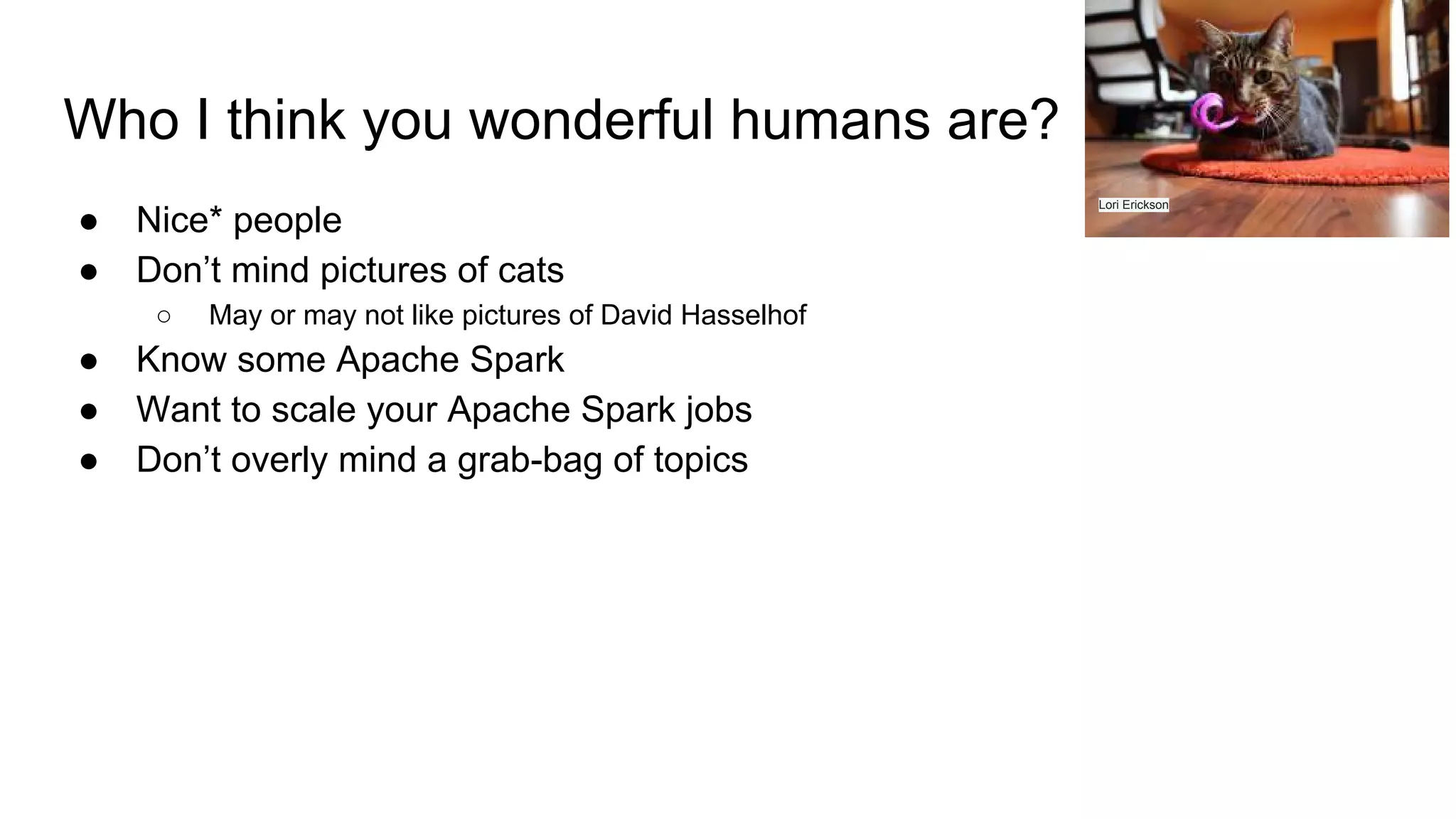Who I think you wonderful humans are?
● Nice* people
● Don’t mind pictures of cats
○ May or may not like pictures of David Hasselhof
● Know some Apache Spark
● Want to scale your Apache Spark jobs
● Don’t overly mind a grab-bag of topics
Lori Erickson
 