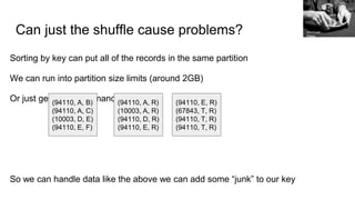 Can just the shuffle cause problems?
Sorting by key can put all of the records in the same partition
We can run into partition size limits (around 2GB)
Or just get bad performance
So we can handle data like the above we can add some “junk” to our key
(94110, A, B)
(94110, A, C)
(10003, D, E)
(94110, E, F)
(94110, A, R)
(10003, A, R)
(94110, D, R)
(94110, E, R)
(94110, E, R)
(67843, T, R)
(94110, T, R)
(94110, T, R)
PROTodd
Klassy
 