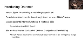 Introducing Datasets
New in Spark 1.6 - coming to more languages in 2.0
Provide templated compile time strongly typed version of DataFrames
Make it easier to intermix functional & relational code
Do you hate writing UDFS? So do I!
Still an experimental component (API will change in future versions)
Although the next major version seems likely to be 2.0 anyways so lots of things may change
regardless
Houser Wolf
 