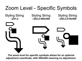 Zoom Level - Specific Symbols
Styling String
--Z01,2
Styling String
--Z02,2,480x490
Styling String
--Z03,2,510x500
The zoo...
