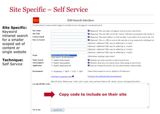 Site Specific – Self Service
Copy code to include on their site
Site Specific:
Keyword
intranet search
for a smaller
scoped set of
content or
single website
Technique:
Self Service
 