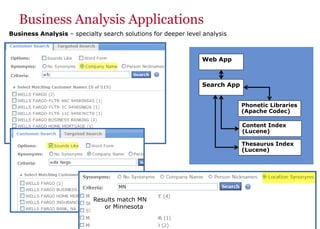 Business Analysis Applications
Business Analysis – specialty search solutions for deeper level analysis
Search App
Phonetic Libraries
(Apache Codec)
Content Index
(Lucene)
Thesaurus Index
(Lucene)
Web App
Results
Businesses with MN or
Minnesota will show
up
Results match MN
or Minnesota
 