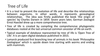 Tree of Life
• It is a tool to present the evolution of life and describe the relationships
between organisms. In other words, it represents genealogical
relationships. The idea was firstly published the book ‘the origin of
species’ by Charles Darwin in 1859. Seven years later, German Zoologist
Ernst Haeckel drew up a more comprehensive tree.
• Tree of life is created by compiling the comprehensive phylogenetic
databases rooted at the last universal common ancestor of life on earth.
• Typical example of database represented by tree of life is ‘Open Tree of
Life’. It is an open digital database published in 2015.
• Lamarck produced first branching tree of animals in his book ‘Philosophie
Zoologique’ which is upside down tree starting with worms and ending
with mammals.
 