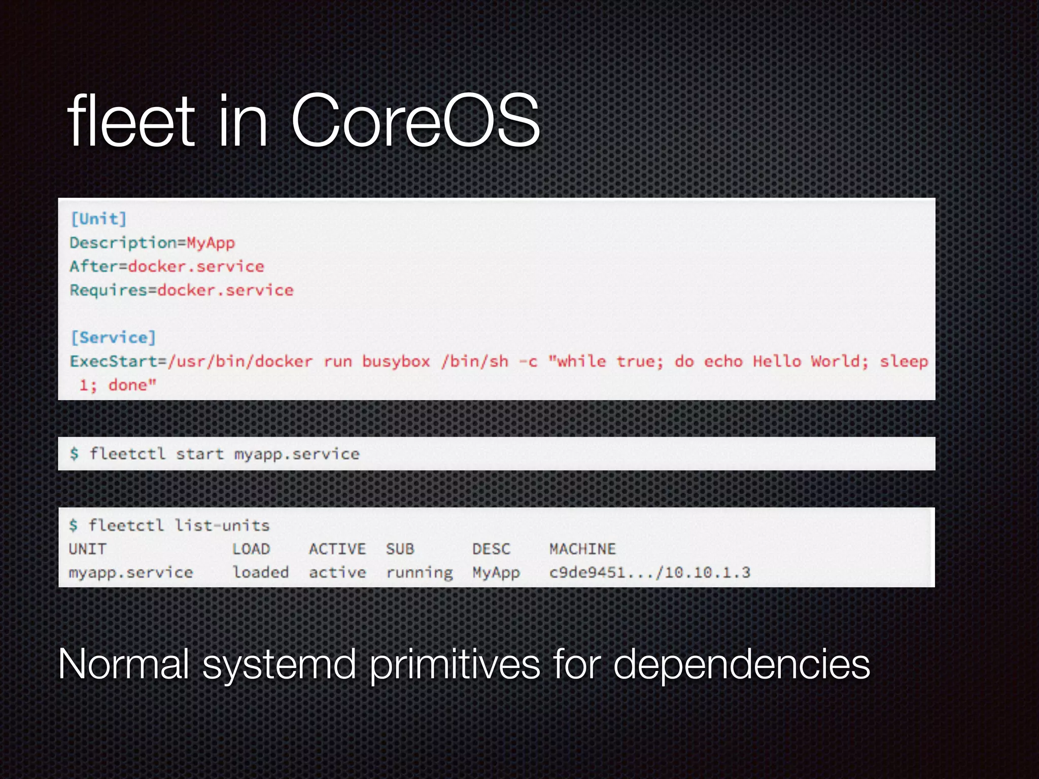 ﬂeet in CoreOS
Normal systemd primitives for dependencies
 