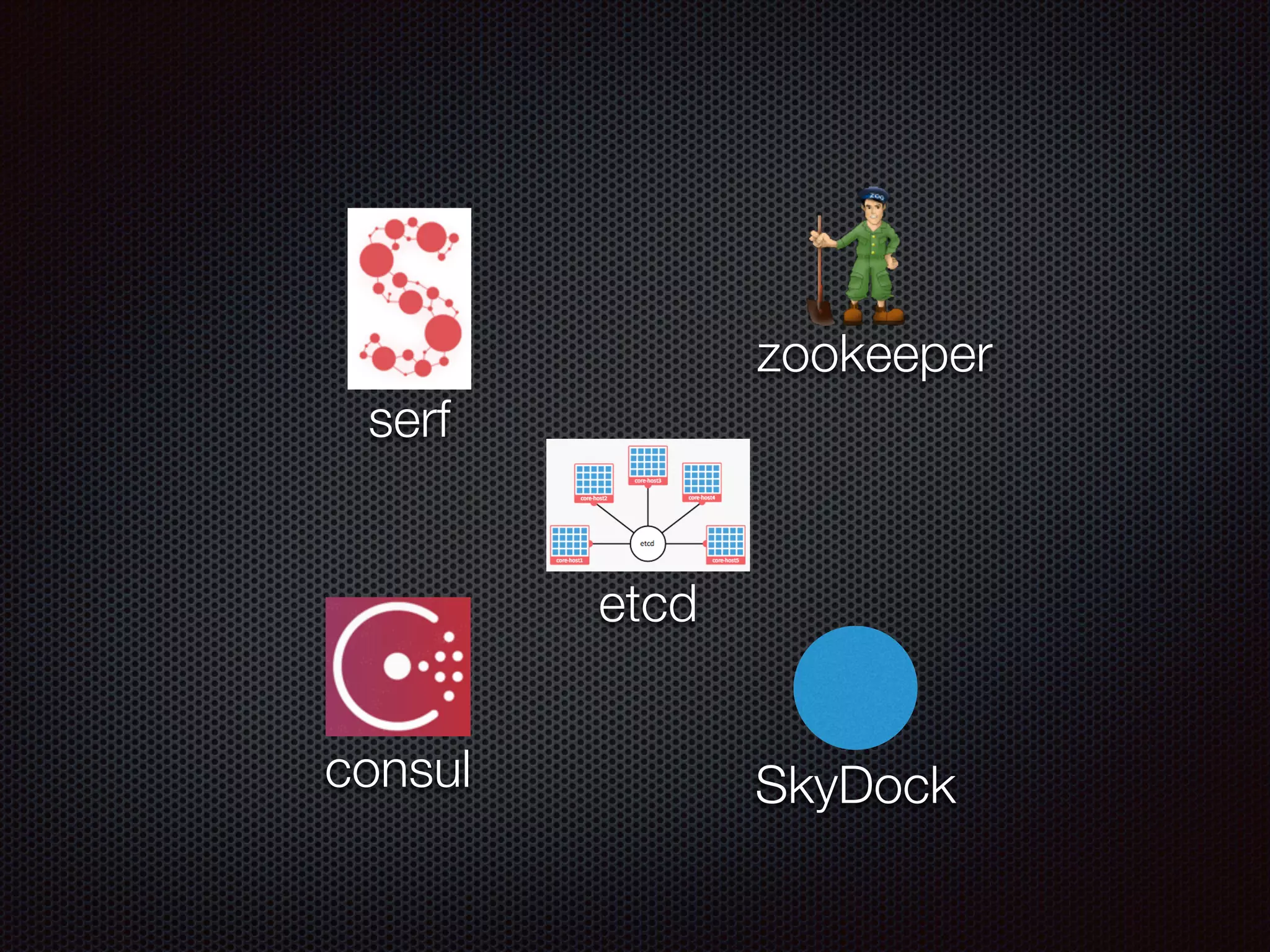 zookeeper
serf
consul
etcd
SkyDock
 
