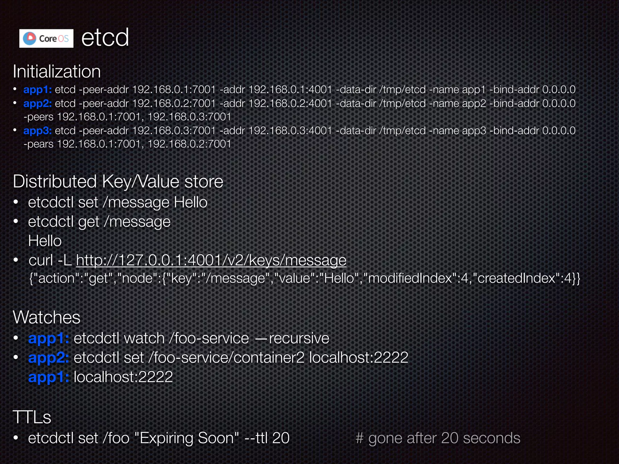 etcd
Initialization
• app1: etcd -peer-addr 192.168.0.1:7001 -addr 192.168.0.1:4001 -data-dir /tmp/etcd -name app1 -bind-addr 0.0.0.0
• app2: etcd -peer-addr 192.168.0.2:7001 -addr 192.168.0.2:4001 -data-dir /tmp/etcd -name app2 -bind-addr 0.0.0.0  
-peers 192.168.0.1:7001, 192.168.0.3:7001
• app3: etcd -peer-addr 192.168.0.3:7001 -addr 192.168.0.3:4001 -data-dir /tmp/etcd -name app3 -bind-addr 0.0.0.0  
-pears 192.168.0.1:7001, 192.168.0.2:7001
!
Distributed Key/Value store
• etcdctl set /message Hello
• etcdctl get /message 
Hello
• curl -L http://127.0.0.1:4001/v2/keys/message 
{"action":"get","node":{"key":"/message","value":"Hello","modiﬁedIndex":4,"createdIndex":4}}
!
Watches
• app1: etcdctl watch /foo-service —recursive
• app2: etcdctl set /foo-service/container2 localhost:2222 
app1: localhost:2222
!
TTLs
• etcdctl set /foo "Expiring Soon" --ttl 20 # gone after 20 seconds
 
