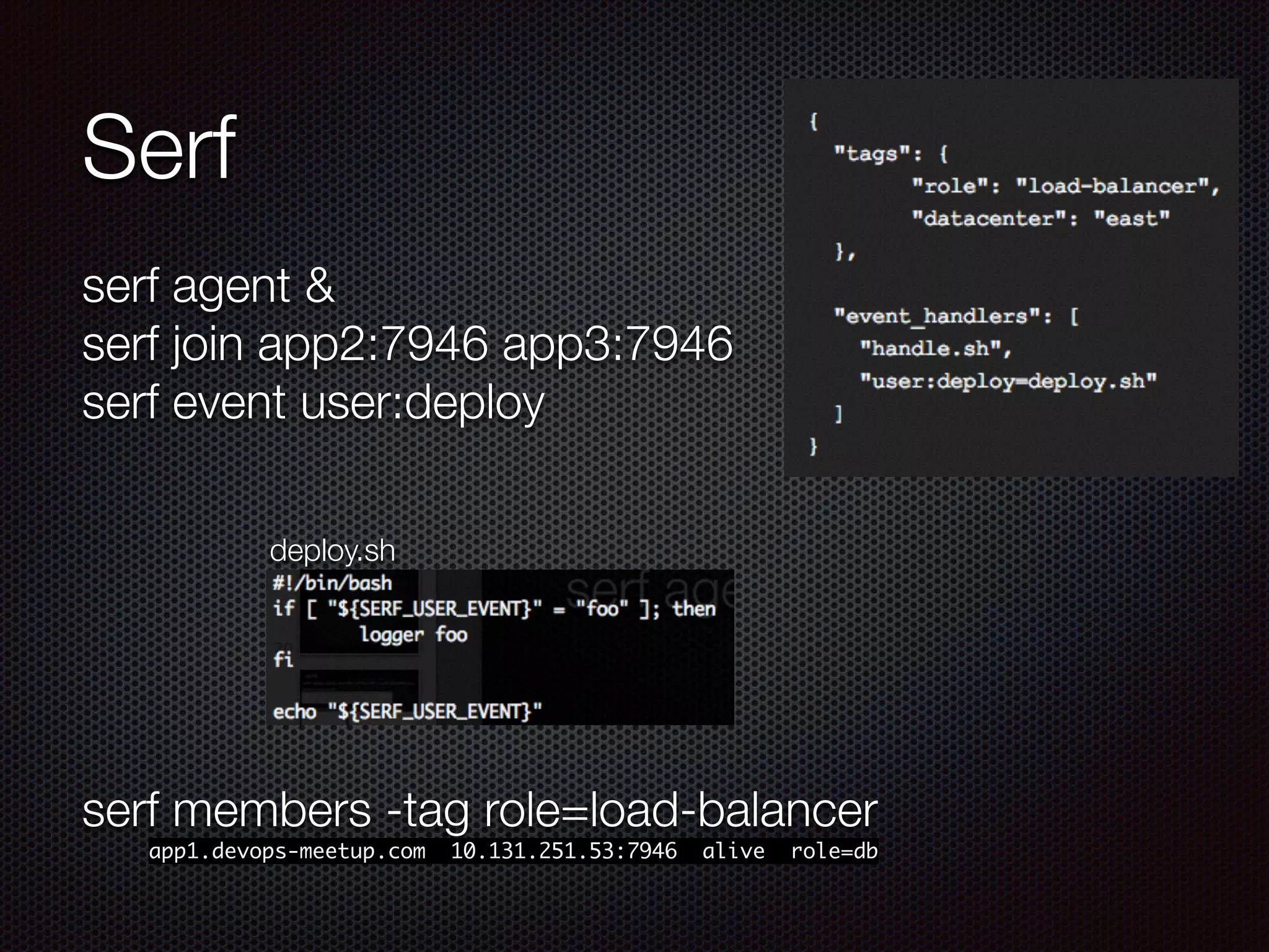 Serf
serf agent &
serf join app2:7946 app3:7946
serf event user:deploy
!
!
!
!
!
!
serf members -tag role=load-balancer
app1.devops-meetup.com 10.131.251.53:7946 alive role=db
deploy.sh
 
