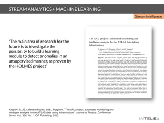 STREAM ANALYTICS + MACHINE LEARNING
Stream intelligence
“The main area of research for the
future is to investigate the
possibility to build a learning
module to detect anomalies in an
unsupervised manner, as proven by
the HOLMES project”
Kazarov, A., G. Lehmann Miotto, and L. Magnoni. "The AAL project: automated monitoring and
intelligent analysis for the ATLAS data taking infrastructure." Journal of Physics: Conference
Series. Vol. 368. No. 1. IOP Publishing, 2012.
 