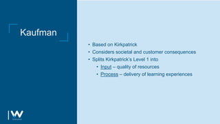 Kaufman
• Based on Kirkpatrick
• Considers societal and customer consequences
• Splits Kirkpatrick’s Level 1 into
• Input – quality of resources
• Process – delivery of learning experiences
 
