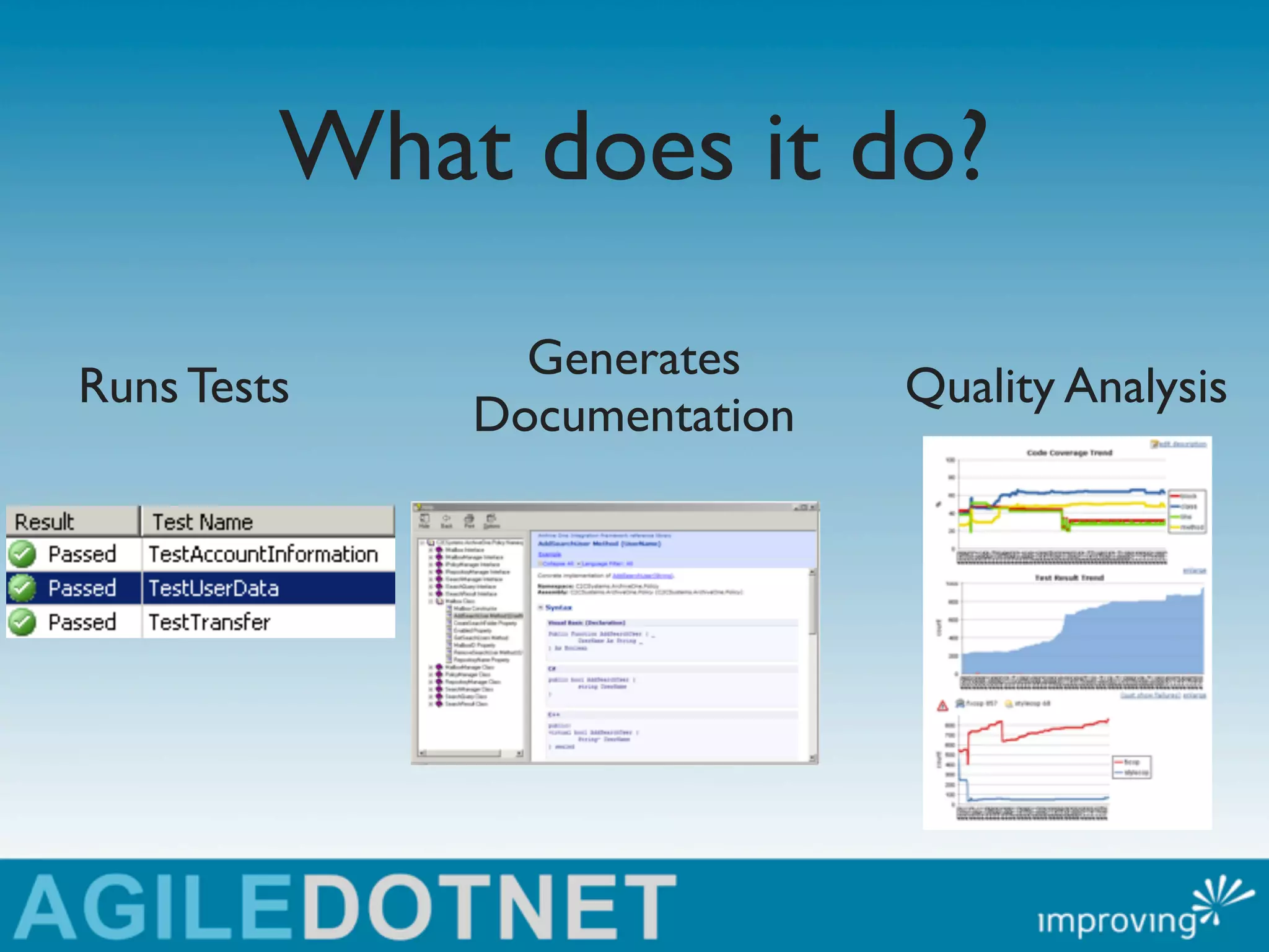 What does it do?
               Generates
Runs Tests                   Quality Analysis
             Documentation
 