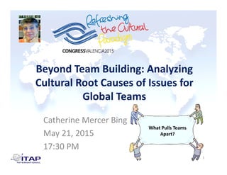 Beyond Team Building: Analyzing 
Cultural Root Causes of Issues for 
Global TeamsGlobal Teams
Catherine Mercer BingCatherine Mercer Bing
May 21, 2015 
What Pulls Teams 
Apart?
1
17:30 PM
 