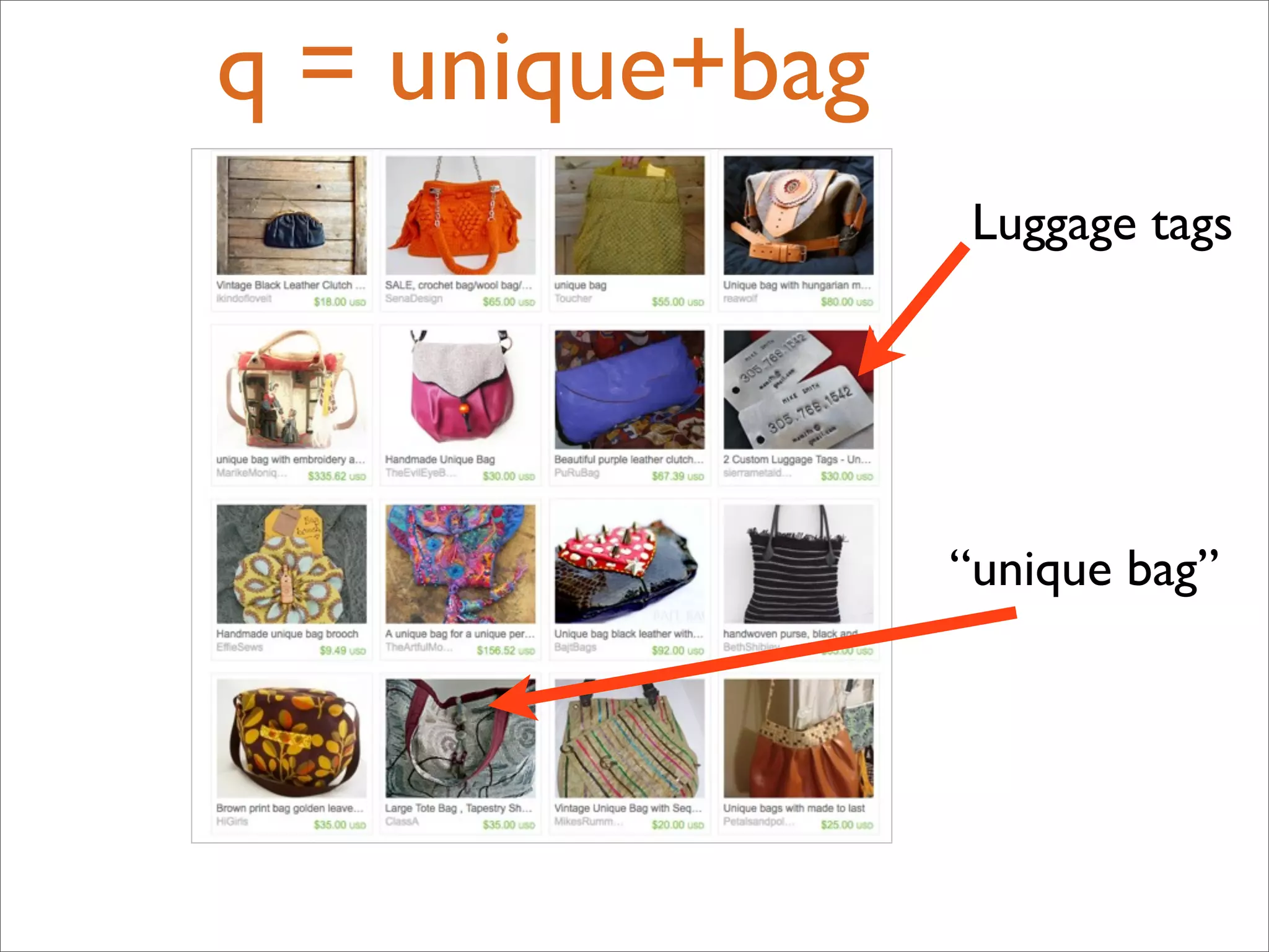 Luggage tags
“unique bag”
q = unique+bag
 
