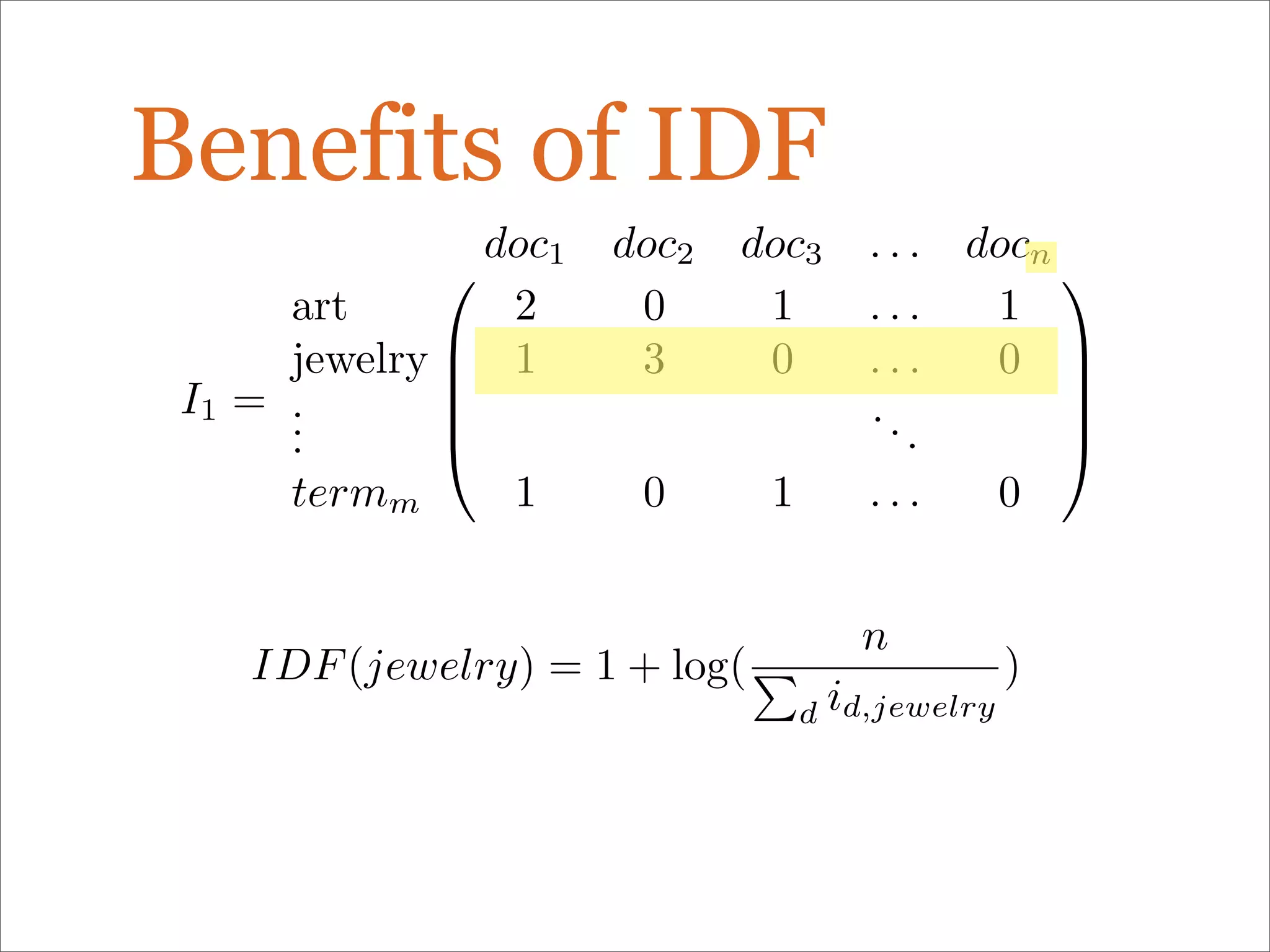 Benefits of IDF
I1 =





doc1 doc2 doc3 . . . docn
art 2 0 1 . . . 1
jewelry 1 3 0 . . . 0
...
...
termm 1 0 1 . . . 0





IDF(jewelry) = 1 + log(
n

d id,jewelry
)
 