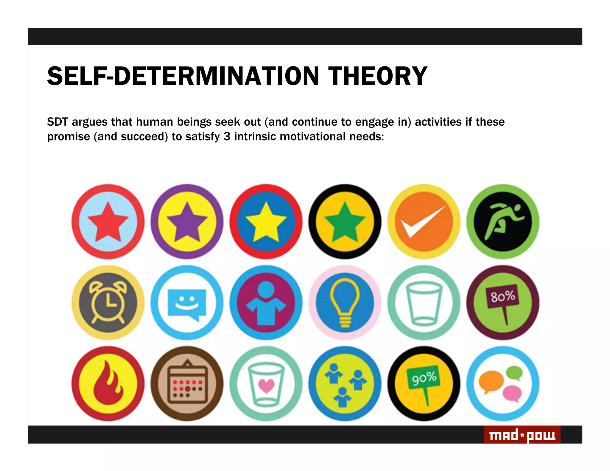 SELF-DETERMINATION THEORY
SDT argues that human beings seek out (and continue to engage in) activities if these
promise (and succeed) to satisfy 3 intrinsic motivational needs:
 