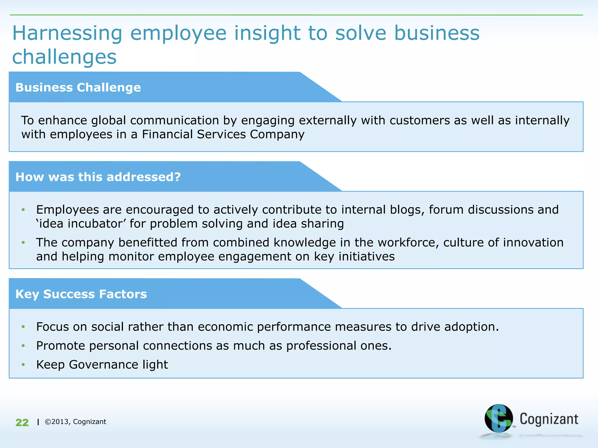 Harnessing employee insight to solve business
challenges
Business Challenge

To enhance global communication by engaging externally with customers as well as internally
with employees in a Financial Services Company


How was this addressed?

• Employees are encouraged to actively contribute to internal blogs, forum discussions and
  „idea incubator‟ for problem solving and idea sharing
• The company benefitted from combined knowledge in the workforce, culture of innovation
  and helping monitor employee engagement on key initiatives


Key Success Factors

• Focus on social rather than economic performance measures to drive adoption.
• Promote personal connections as much as professional ones.
• Keep Governance light



22   | ©2013, Cognizant
 