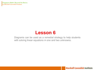 Lesson 6
Diagrams can be used as a remedial strategy to help students
with solving linear equations in one and two unknowns.
 