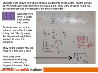Students were shown one whole which is divided into thirds, sixths, fourths as well
as two which were not yet divided into equal parts. They were asked to name the
fraction represented by each part if the strip represented 1.

              Students were
              given a paper
              strip divided
              into thirds.
Students were asked the
value of one half of 2 thirds
– they had difficulty using
the diagram although they
seemed to know the
algorithm.

They had to explain why the
value is 1 third and 2 sixth

Final tasks done
individually where they
had to explain using a
diagram the value of this
expression.
 