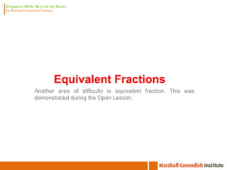 Equivalent Fractions
Another area of difficulty is equivalent fraction. This was
demonstrated during the Open Lesson.
 