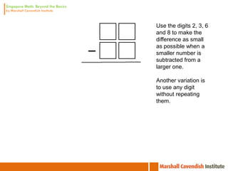 Use the digits 2, 3, 6
and 8 to make the
difference as small
as possible when a
smaller number is
subtracted from a
larger one.

Another variation is
to use any digit
without repeating
them.
 