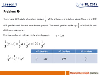 Lesson 5                                           June 18, 2012




                                   c = 720

1           1   1       1
  (a c)       a   c 120   c
3           3   3       3
                     4th Graders     5th Graders     6th Graders
  1   1     1
    c   c     c      1
                       c    120         240
                                                         1
                                                           c
  3   6     2        3                                   6
 