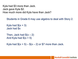 Kyla had $3 more than Jack.
Jack gave Kyla $2.
How much more did Kyla have than Jack?

   Students in Grade 6 may use algebra to deal with Story 2.

   Kyla had $(x + 3)
   Jack had $x

   Then, Jack had $(x – 2)
   And Kyla had $(x + 5)

   Kyla had $(x + 5) – $(x – 2) or $7 more than Jack.
 