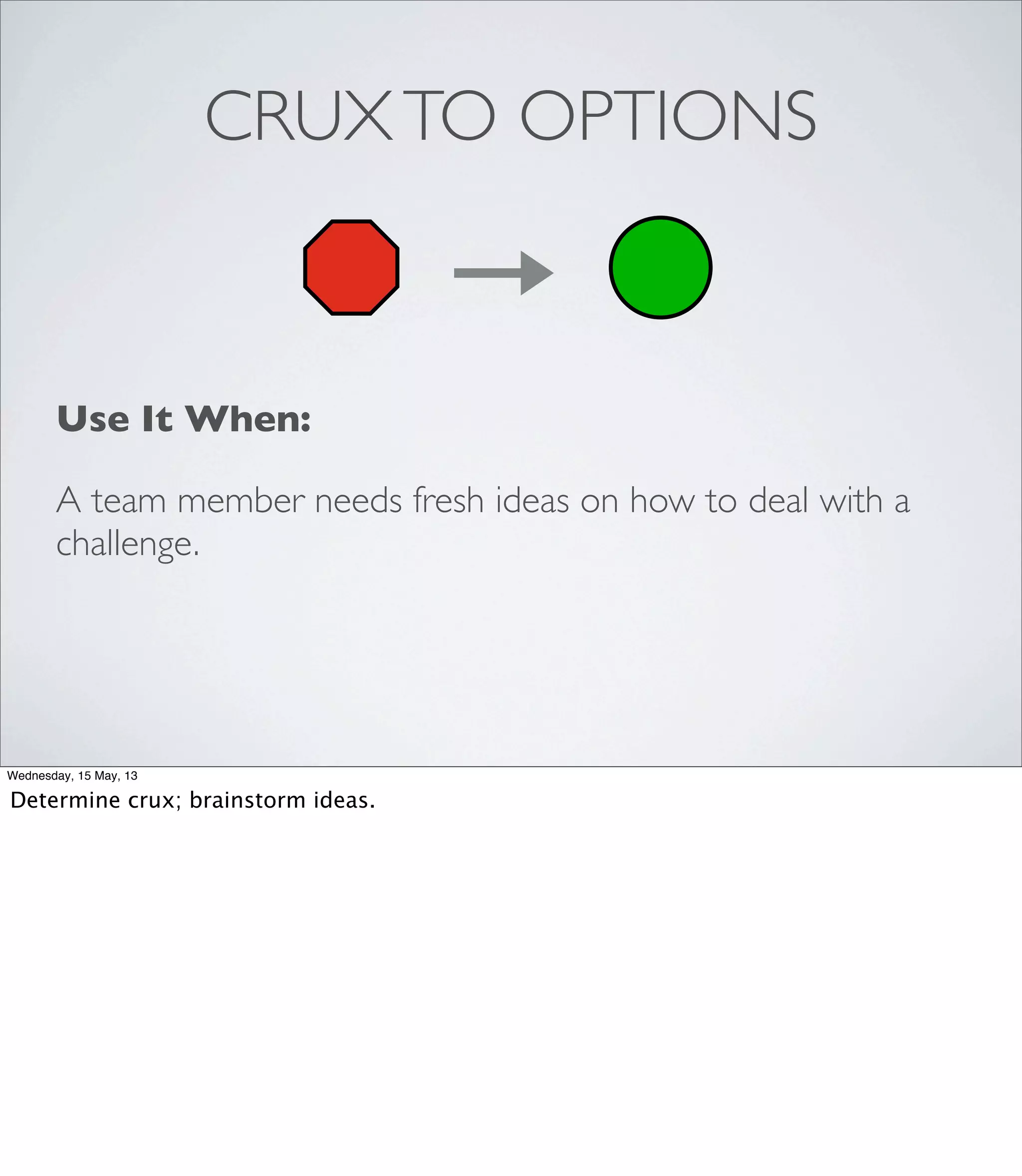 Use It When:
A team member needs fresh ideas on how to deal with a
challenge.
CRUXTO OPTIONS
Wednesday, 15 May, 13
Determine crux; brainstorm ideas.
 