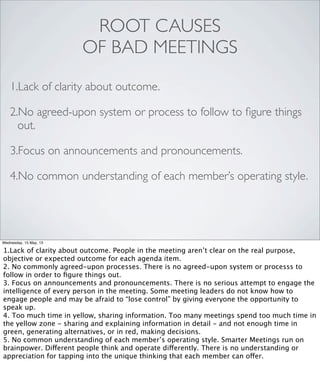 ROOT CAUSES
OF BAD MEETINGS
1.Lack of clarity about outcome.
2.No agreed-upon system or process to follow to ﬁgure things
out.
3.Focus on announcements and pronouncements.
4.No common understanding of each member’s operating style.
Wednesday, 15 May, 13
1.Lack of clarity about outcome. People in the meeting aren’t clear on the real purpose,
objective or expected outcome for each agenda item.
2. No commonly agreed-upon processes. There is no agreed-upon system or processs to
follow in order to ﬁgure things out.
3. Focus on announcements and pronouncements. There is no serious attempt to engage the
intelligence of every person in the meeting. Some meeting leaders do not know how to
engage people and may be afraid to “lose control” by giving everyone the opportunity to
speak up.
4. Too much time in yellow, sharing information. Too many meetings spend too much time in
the yellow zone - sharing and explaining information in detail - and not enough time in
green, generating alternatives, or in red, making decisions.
5. No common understanding of each member’s operating style. Smarter Meetings run on
brainpower. Different people think and operate differently. There is no understanding or
appreciation for tapping into the unique thinking that each member can offer.
 