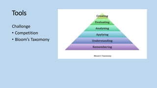 Tools
Challonge
• Competition
• Bloom’s Taxomony
 